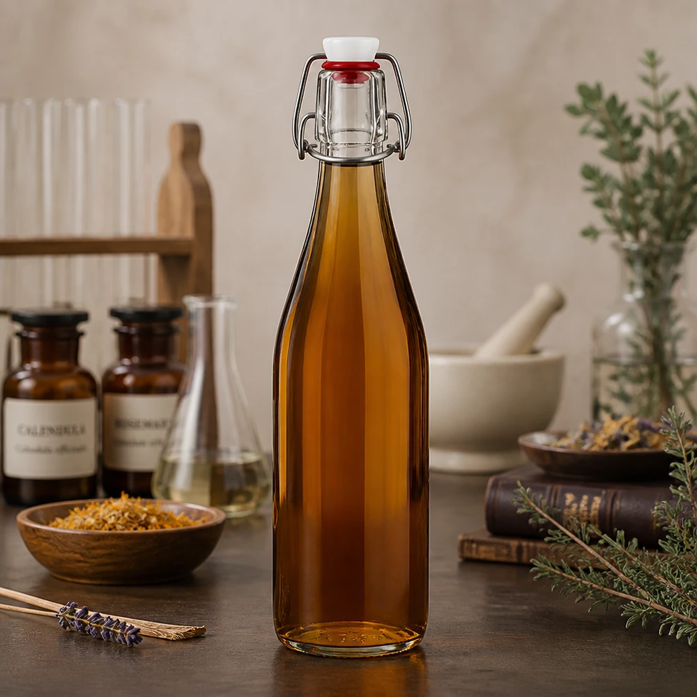 500ml skleněná láhev + otočný vršek PVC UNiTWIST 500ml Glasflasche Bügelverschluss amber braun apotheker Design mit Naturkräutern Heilpflanzen vintage Küche nostalgisch