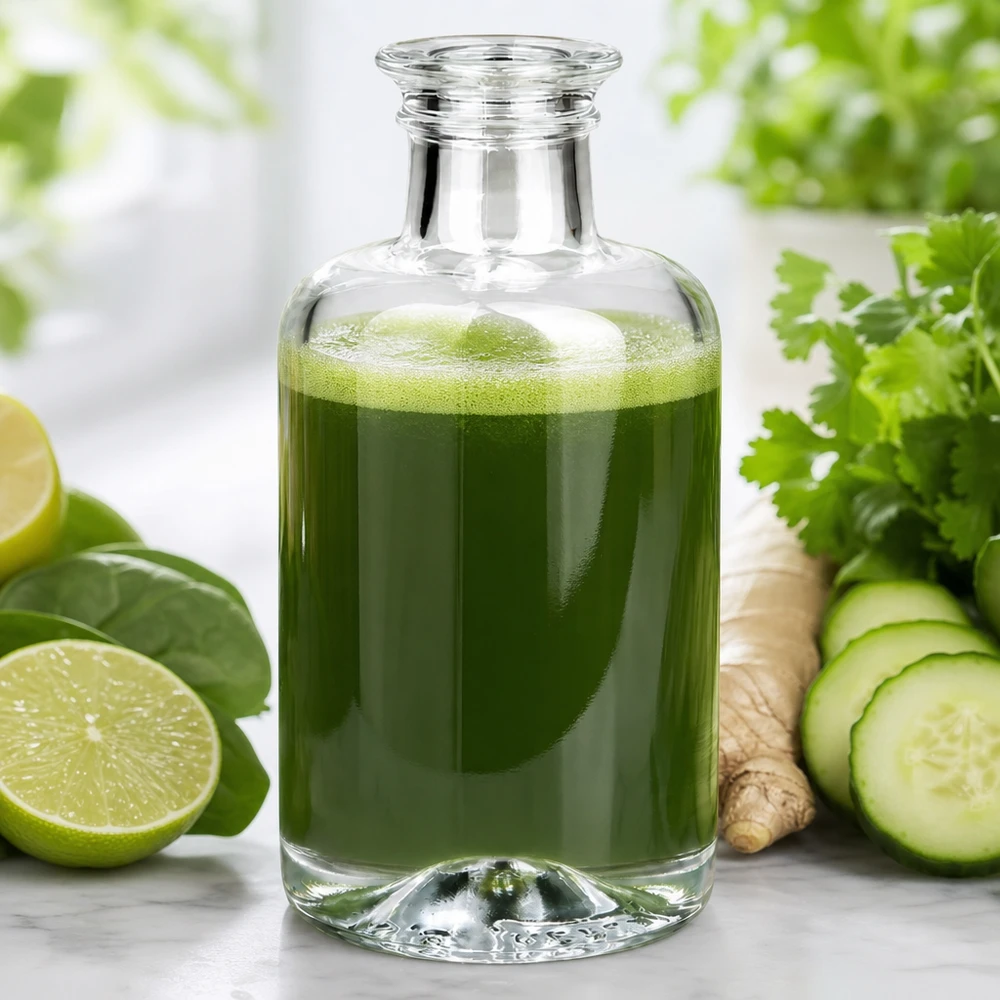 100ml Glasflasche "Sofia" ohne Verschluss UNiTWIST 100ml Glasflasche Sofia mit grünem Gemüsesaft gefüllt neben Gurke Limette Ingwer und Kräutern auf weißem Untergrund