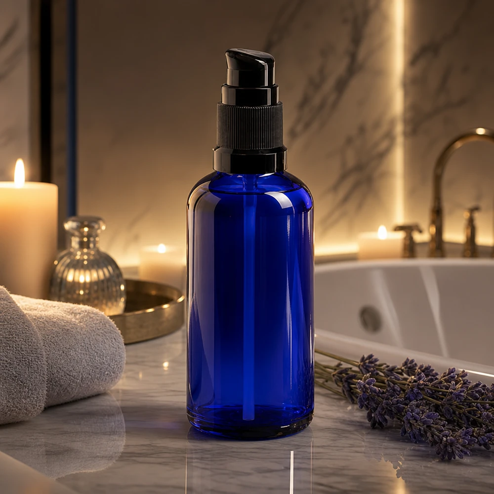 Lékárenská láhev modrá 50ml pumpovací uzávěr černý standardní Dunkelblaue 50ml Apothekerflasche mit Schwarzpumpe für Lotionen und Essenzen