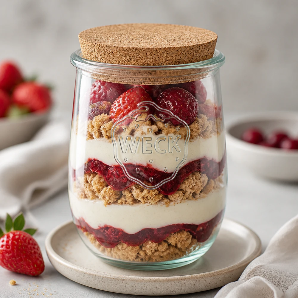 1062ml tulipánová sklenice WECK RR100 s korkem přírodní WECK Tulpenglas RR100 1062ml als Schichtdessert-Glas mit Erdbeeren Sahne und Kekskrümeln dekorativ arrangiert