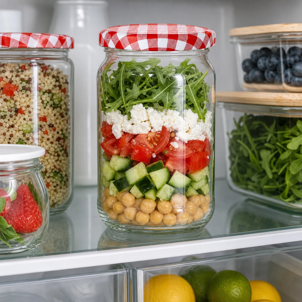 1062ml kulatá sklenice + víčko BasicSeal červené/bílé UNiTWIST. 1062ml Rundglas mit rot-weiß kariertem Deckel als Meal-Prep Salatglas im Kühlschrank mit Schichtsalat und Kichererbsen