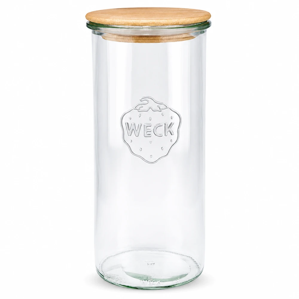 1500ml tumble nádoba WECK RR100 s dřevěným víkem buchta WECK Sturzglas 1500ml RR100 mit Holzdeckel transparent Vorratsglas Einmachglas Glasdose rund