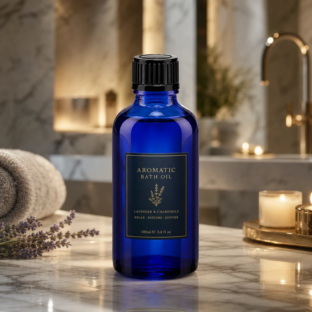 Blaue Apothekerflasche 50ml Glas schwarzer Schraubverschluss vor Marmor und Kerzenlicht
