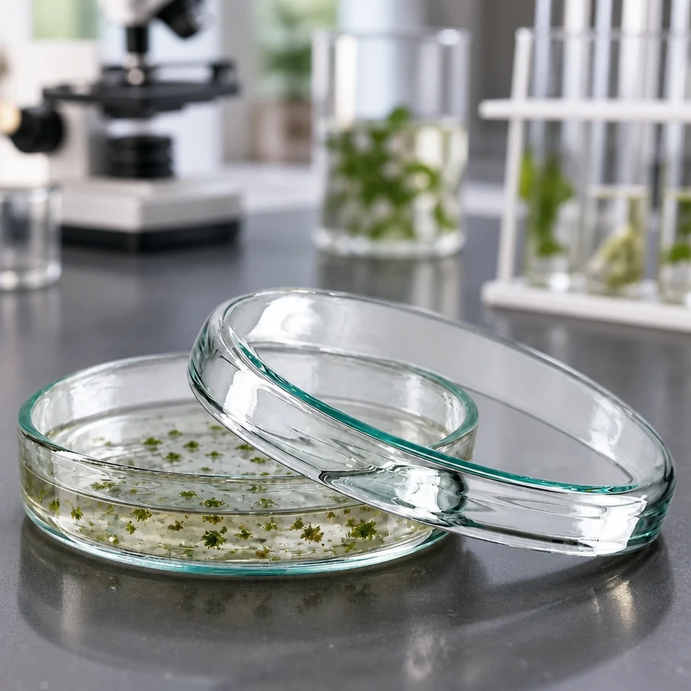 Glaspetrischale 70x15mm transparent mit grünen Kulturpflanzen in der In-vitro-Anzucht
