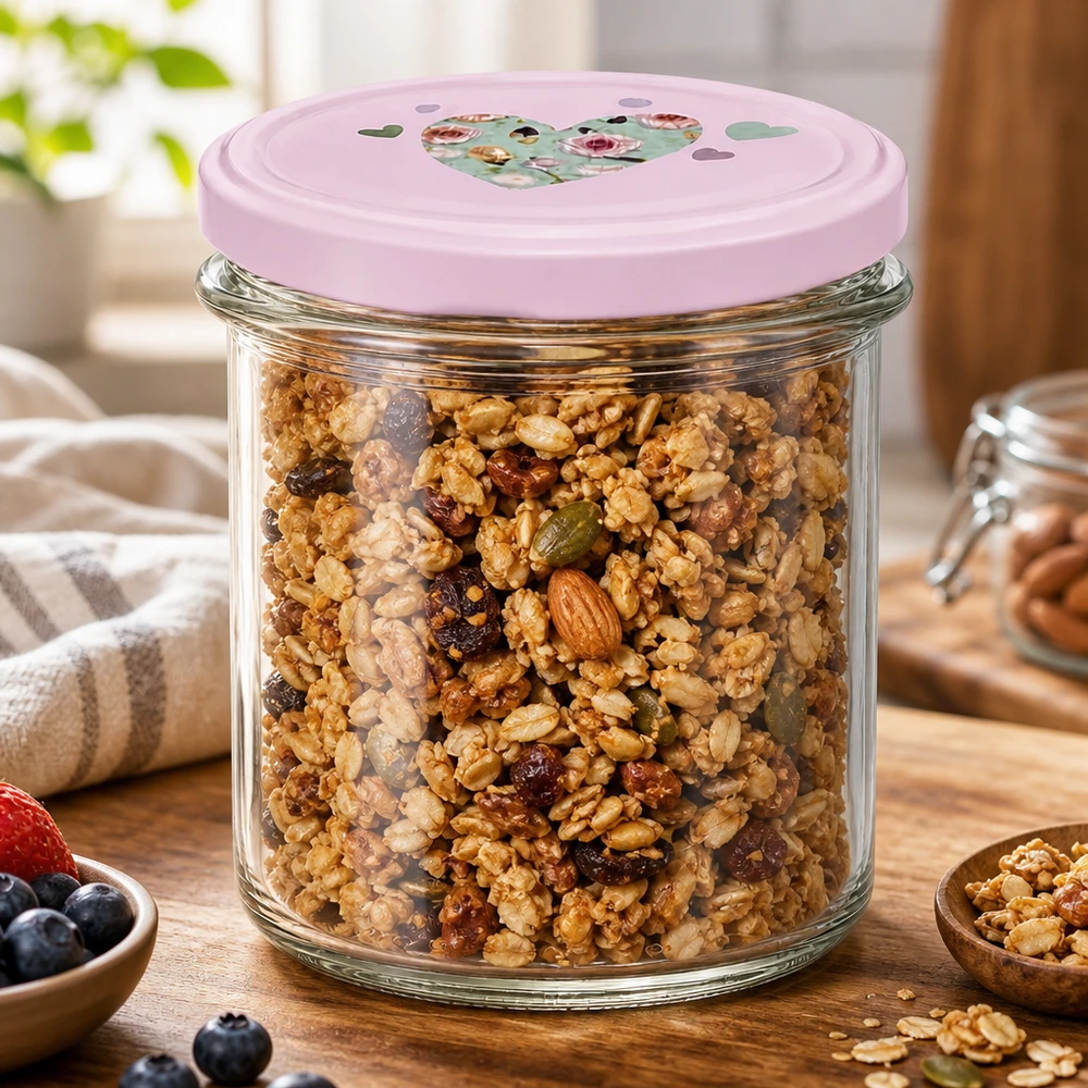 350ml kelímky + víčko BasicSeal srdíčková růžová UNiTWIST 350ml Sturzglas rosa Herzdeckel gefüllt mit Müsli Nüssen Granola Frühstück gesunde Snacks Vorratshaltung
