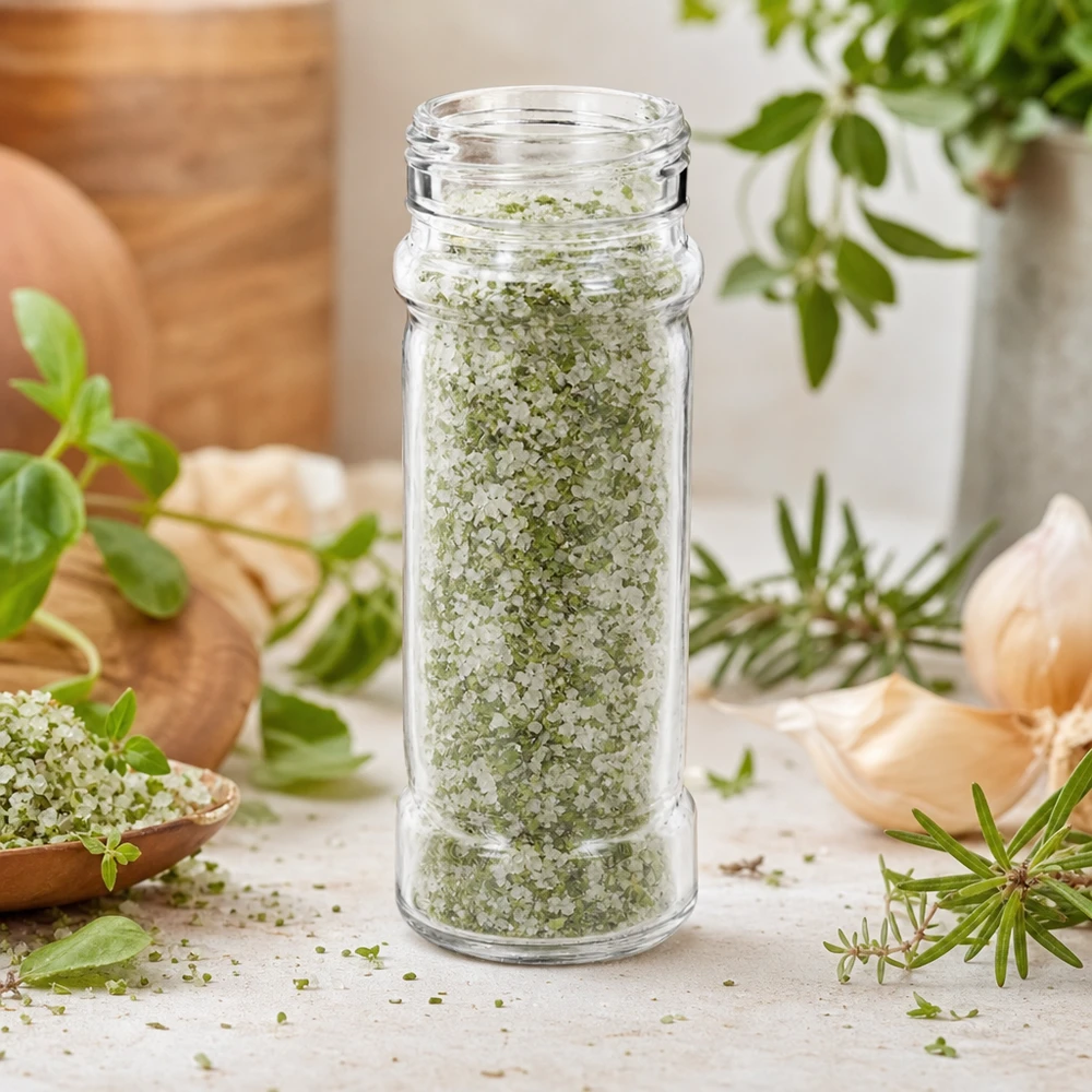 Sklenice na sůl/koření Mary 100 ml, závit 41 mm z čirého skla Rundes Klarglas Mary mit weitem 41mm Gewinde gefüllt mit grünem Kräutersalz in mediterraner Küchendekoration
