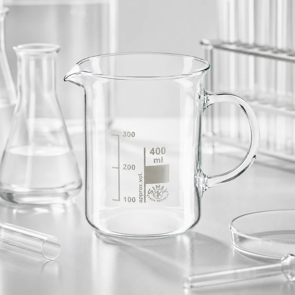 Kádinka z borosilikátového skla o objemu 400 ml, s rukojetí Robustes Becherglas 400ml mit Henkel aus chemikalienbeständigem Borosilikatglas