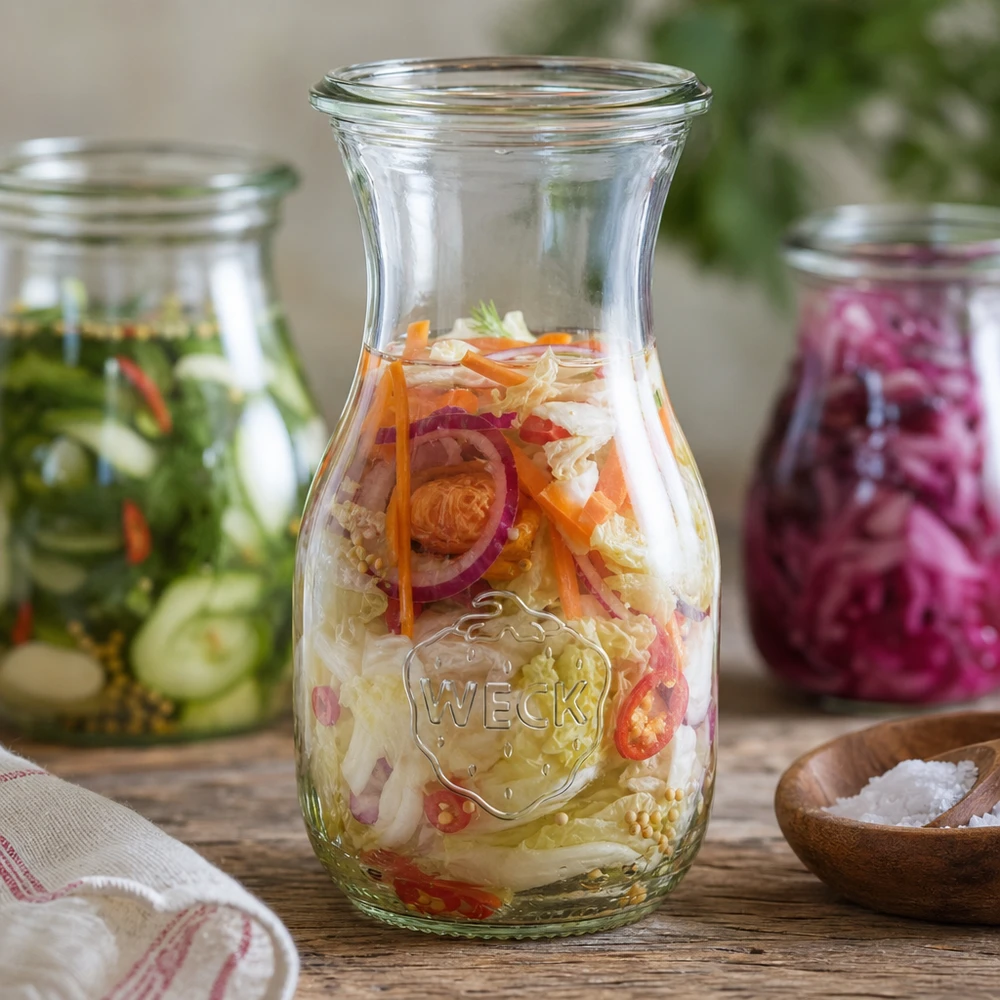 WECK Saftflasche 290ml RR60 mit fermentiertem Gemüse und eingelegten Gurken für gesunde Konservierung