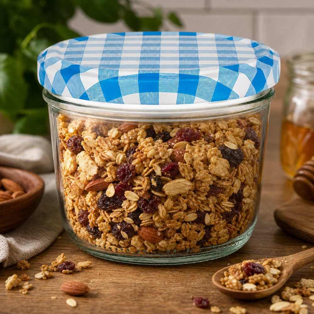 230ml kelímky + víčko BasicSeal modré/bílé UNiTWIST 230ml Sturzglas mit BasicSeal Deckel blau-weiß kariert gefüllt mit Müsli und Nüssen als Vorratsglas