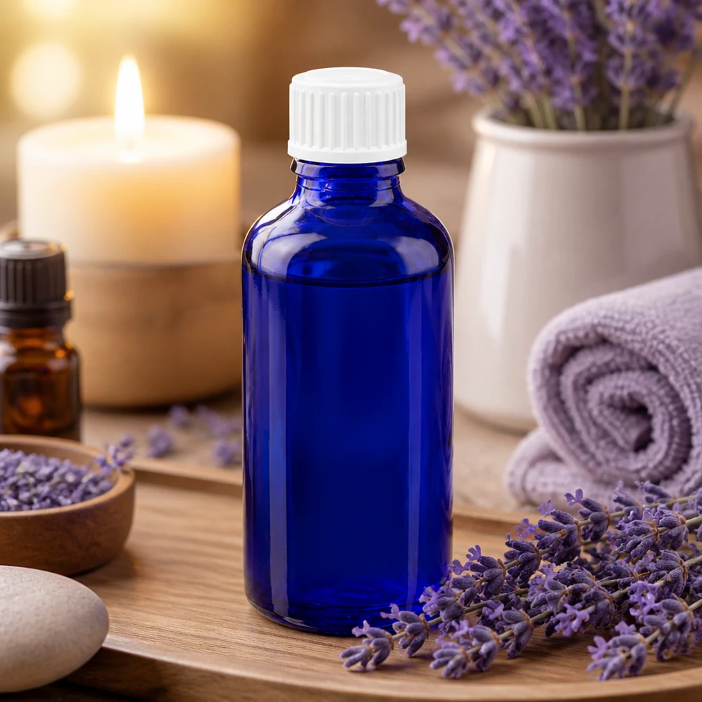 Lékárenská láhev modrá 50ml šroubovací uzávěr bílá standardní Apothekerflasche 50ml Kobaltblau weißer Schraubverschluss SV STD Wellness Anwendung
