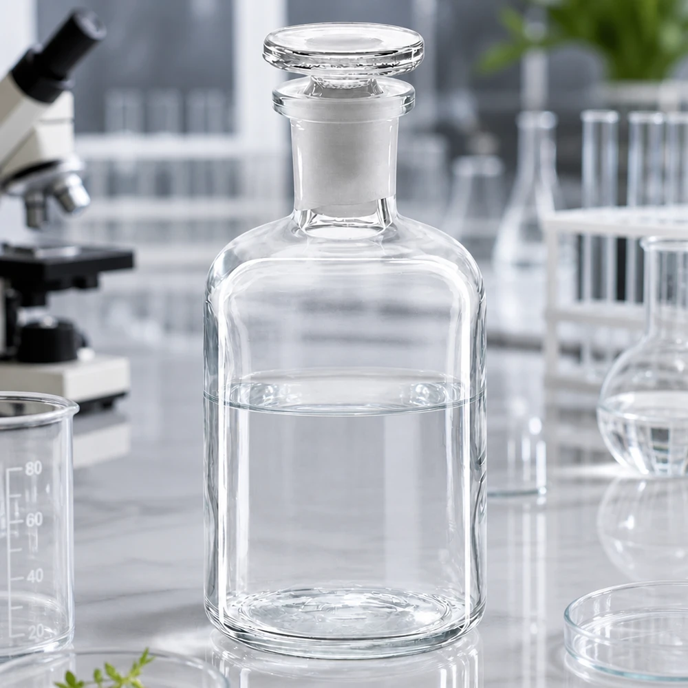 Láhev s kulatým ramenem 100ml čirá skleněná zátka s úzkým hrdlem Kleine Laborflasche 100ml klar Enghals runder Glasstopfen neben Becherglas und Petrischale