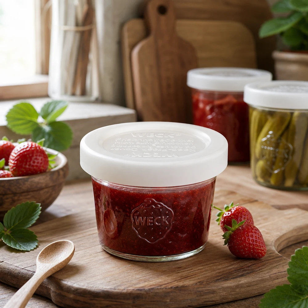 35ml skleněná dóza s víčkem WECK RR40 WECK Sturzglas 35ml RR40 mit Erdbeermarmelade befüllt auf Holzbrett, Anwendungsbeispiel für kleine Einmachgläser
