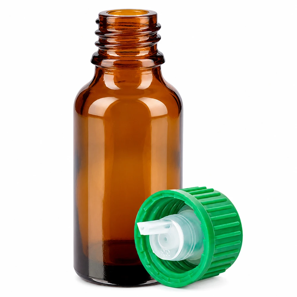 20ml lahvička s kapátkem 0,8 mm zelená standardní uzávěr BrownLine UT18/20 Apothekerflasche 20ml braun mit grünem Tropfverschluss für aromatherapeutische Anwendungen