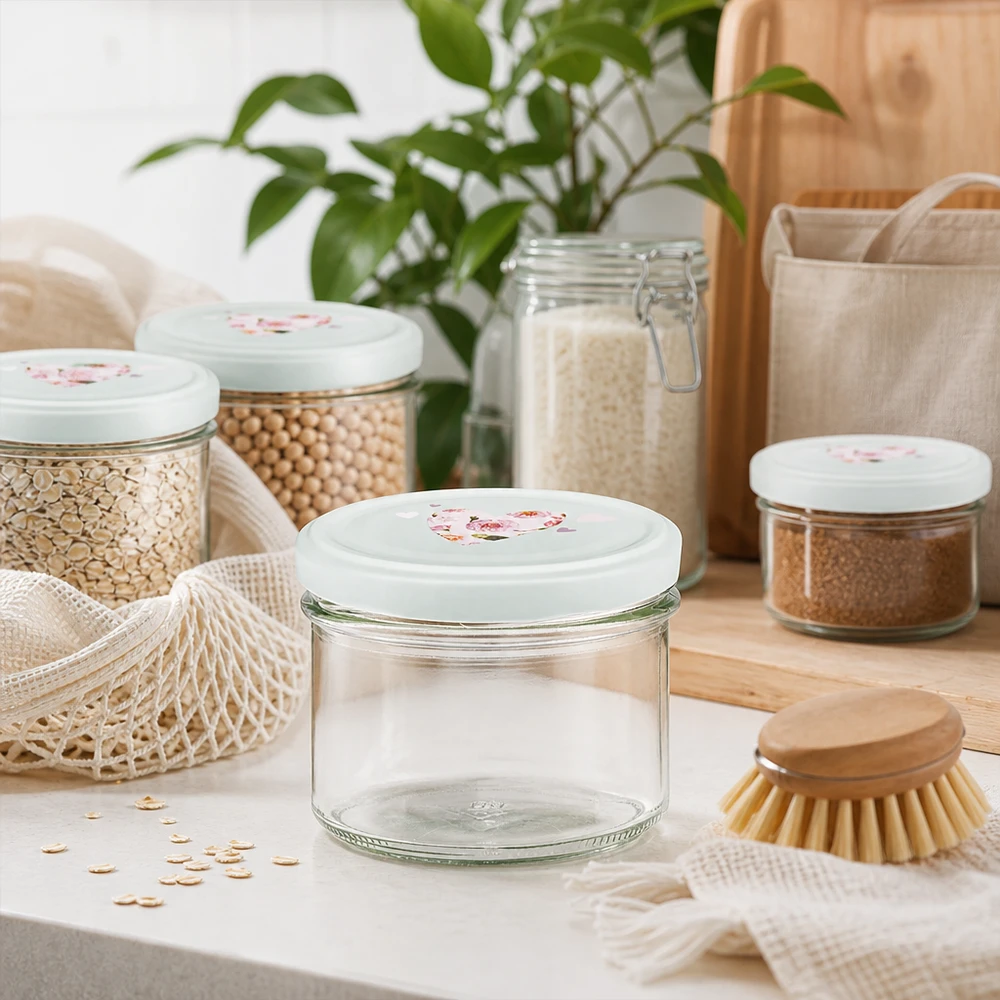 225ml Sturzglas mit mint BasicSeal Herz-Deckel in nachhaltiger Zero-Waste Küche mit Vorratsgläsern und Jutebeutel