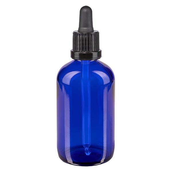 Lékárenská láhev modrá 100ml s pipetou černá s uzávěrem proti neoprávněné manipulaci Lékárenská láhev modrá 100ml s pipetou černá s uzávěrem proti neoprávněné manipulaci