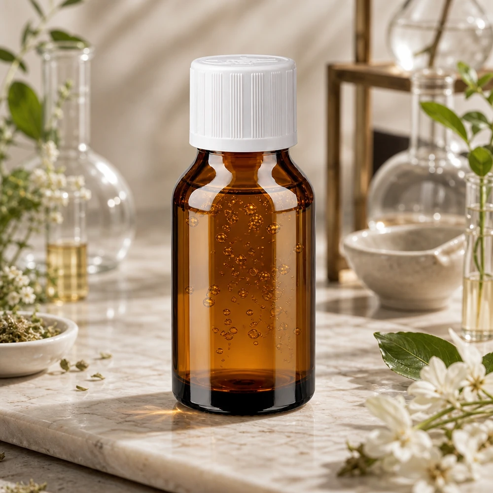 Lékárenská lahvička hnědá 15ml šroubovací uzávěr bílý Standard odolný vůči dětem. Medizinische Tropfflasche 15ml in Braunglas mit weißem kindersicheren Schraubdeckel