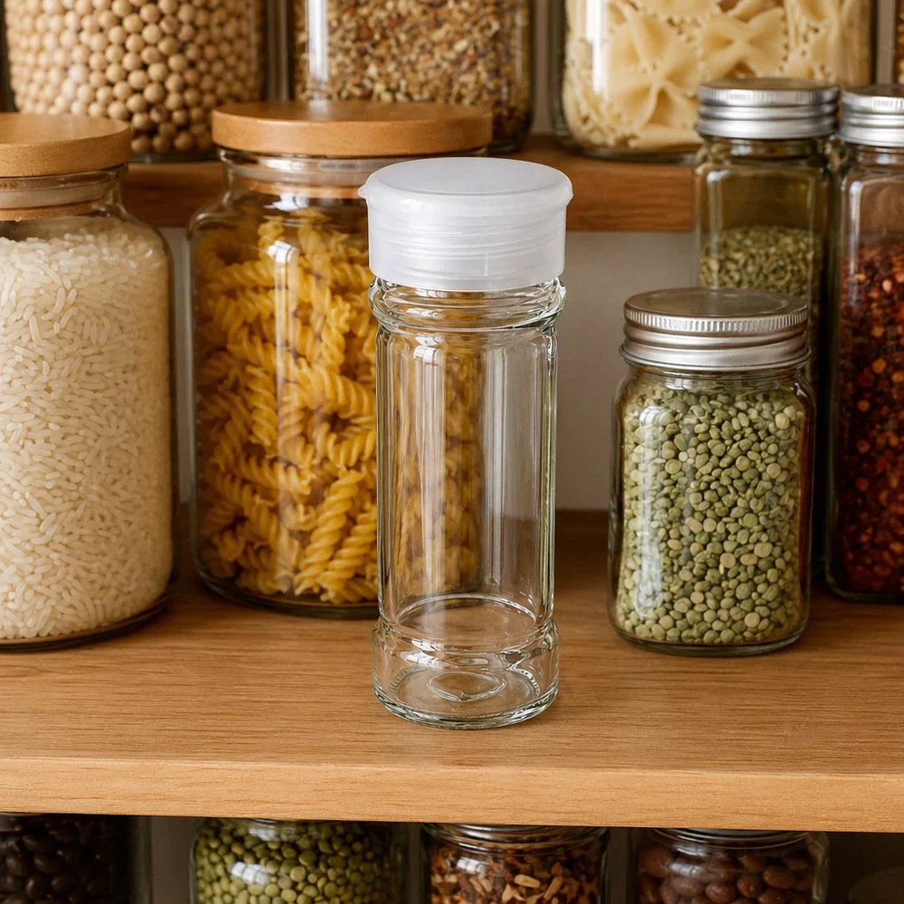 Kompaktes Gewürzglas 100ml mit Streuaufsatz neben Vorratsgläsern mit Trockenware