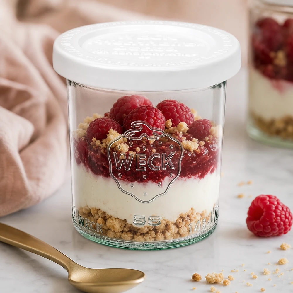 WECK 140ml Sturzglas RR60 mit Himbeeren und Mascarpone-Dessert befüllt - elegante Präsentation für süße Nachspeisen