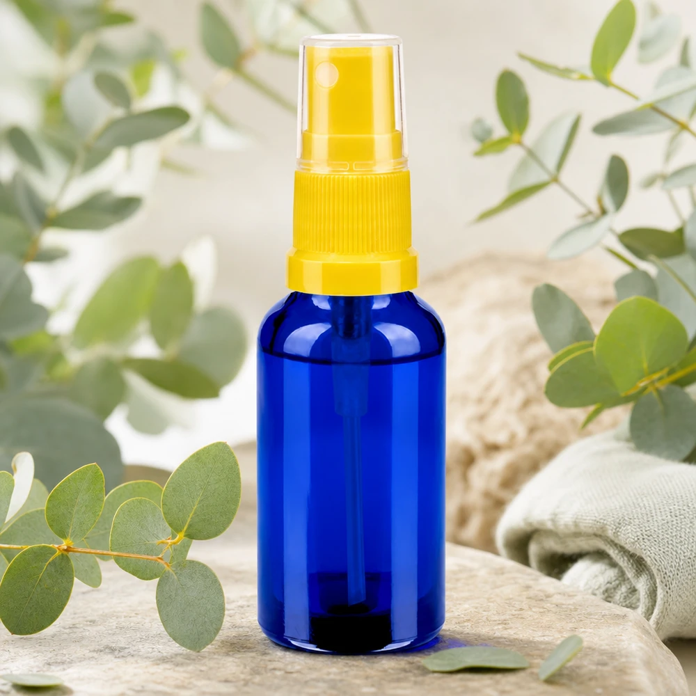 30ml lahvička s rozprašovačem žlutá/transparentní standardní uzávěr BlueLine UT18/30 Nachfüllbare Glassprayflasche 30ml mit präzisem Dosiersystem für sparsame Anwendung