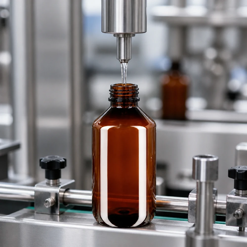 PET láhev 500ml se zeleným uzávěrem, který je zřetelný při manipulaci s lahví. Automatická plnicí linka plní hnědou PET láhev o objemu 500 ml se zeleným originálním uzávěrem