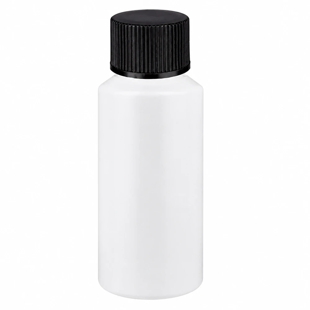Lékárenská láhev HDPE 30ml bílá, s černým šroubovacím uzávěrem Lékárenská lahvička z HDPE, 30 ml, bílá, s černým šroubovacím uzávěrem z plastu vhodného pro styk s potravinami