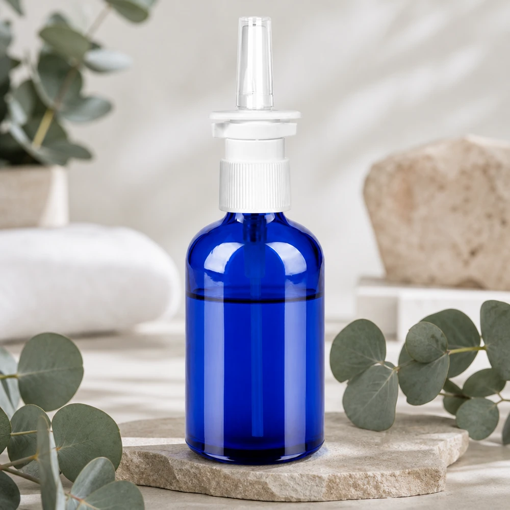 100ml lahvička na nosní sprej černá bílá/průhledná standardní uzávěr BlueLine UT18/100 100ml Glasflasche BlueLine mit feinem Sprühnebel perfekt für nasale Medikamente und Pflege