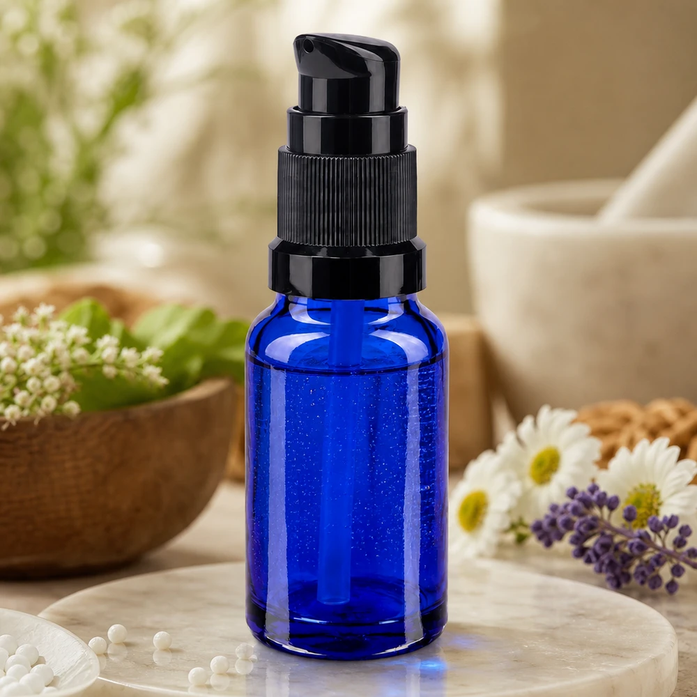 UV-Schutz Glasflasche 10ml kobaltblau mit schwarzem Pumpkopf für Naturkosmetik