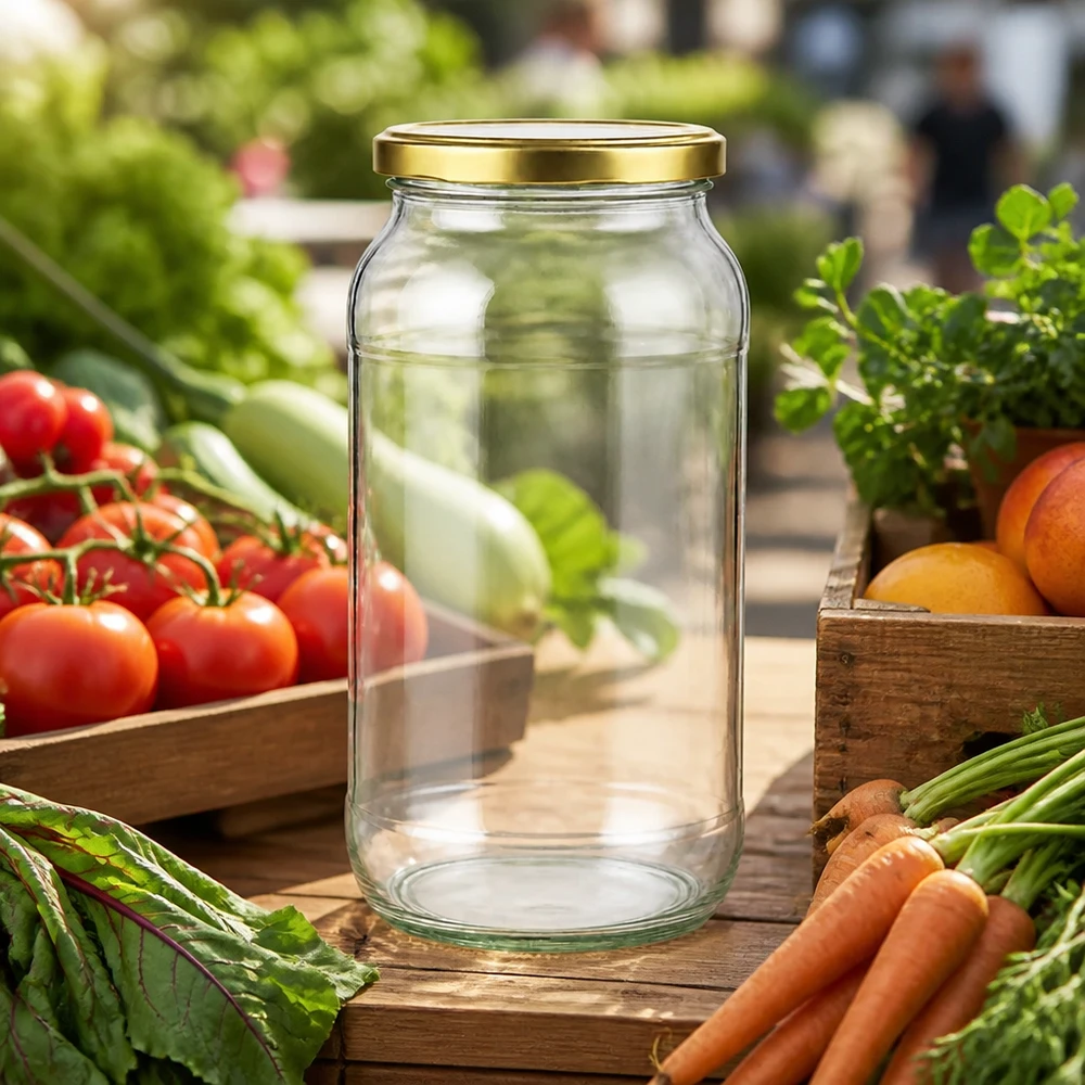 1062ml kulatá sklenice s víčkem BasicSeal zlatá UNiTWIST 1062ml Rundglas mit goldenem BasicSeal Deckel zwischen frischen Tomaten und Karotten auf Holztisch im Garten