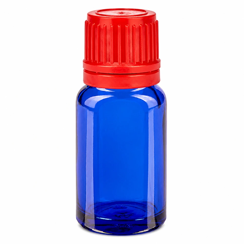 10ml lahvička 11mm šroubovací uzávěr červená BlueLine UT18/10. Hochwertige 10ml Glasflasche UT18/10 Gewinde mit Originalitätsverschluss für Laboranwendungen