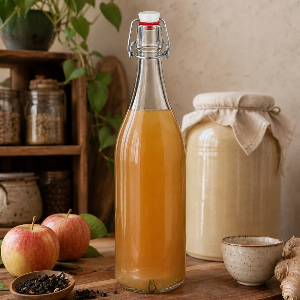 Skleněná láhev o objemu 1000 ml + otočný porcelánový vršek UNiTWIST 1000ml Glasflasche mit Bügelverschluss gefüllt mit Apfelsaft neben frischen Äpfeln und Kombucha in rustikaler Küche