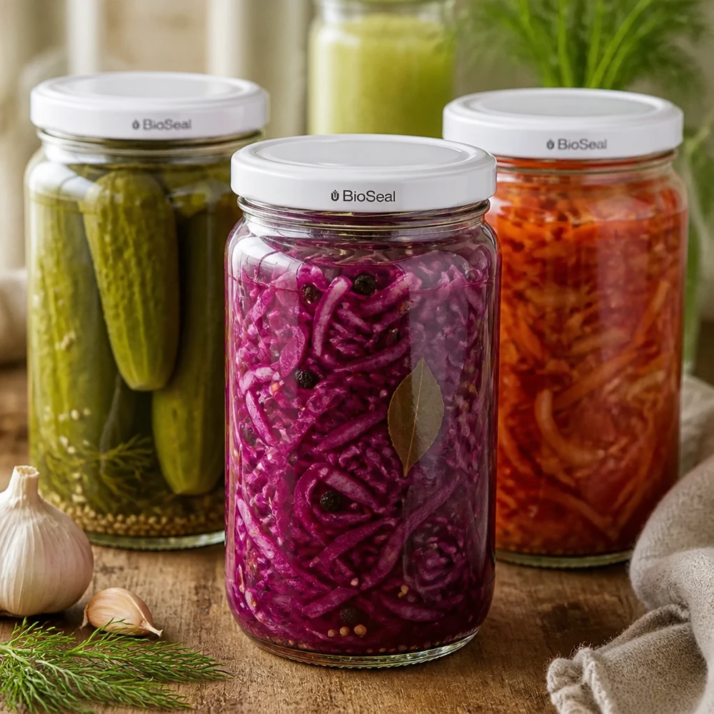 Kulatá sklenice o objemu 305 ml + víčko BioSeal bílé UNiTWIST UNiTWIST Runda305 Gläser mit weißem BioSeal Deckel gefüllt mit eingelegtem Gemüse - Gurken Rotkohl Karotten