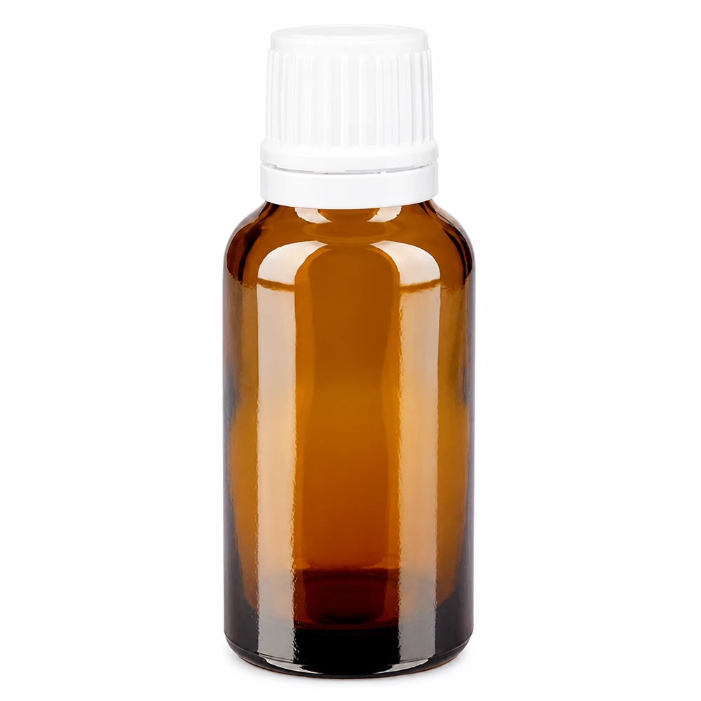 Zylindrische braune Apothekerflasche 20ml Glas mit weißem Kunststoffverschluss SV OV
