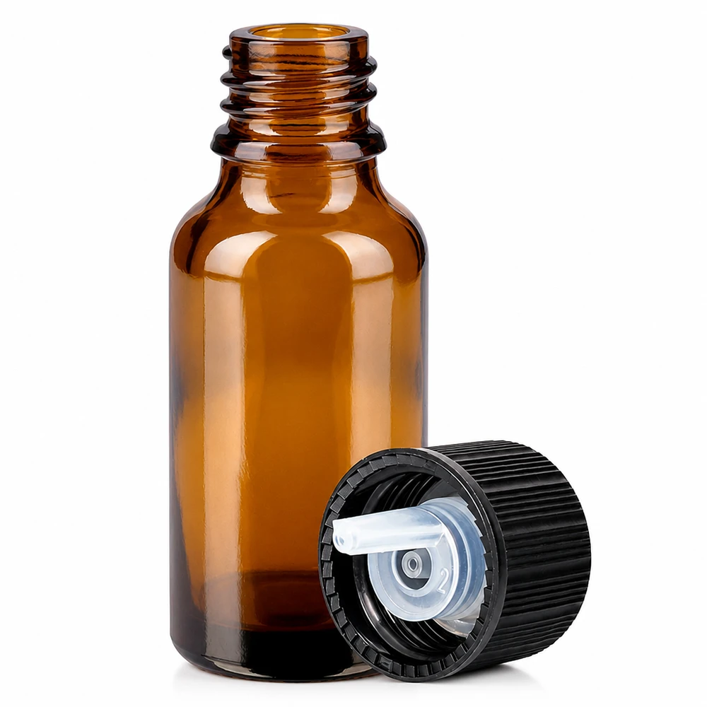 20ml lahvička s kapátkem 1mm černá standardní uzávěr BrownLine UT18/20 Hochwertige 20ml Braunglasflasche mit schwarzem Tropfdeckel für Laboranwendungen