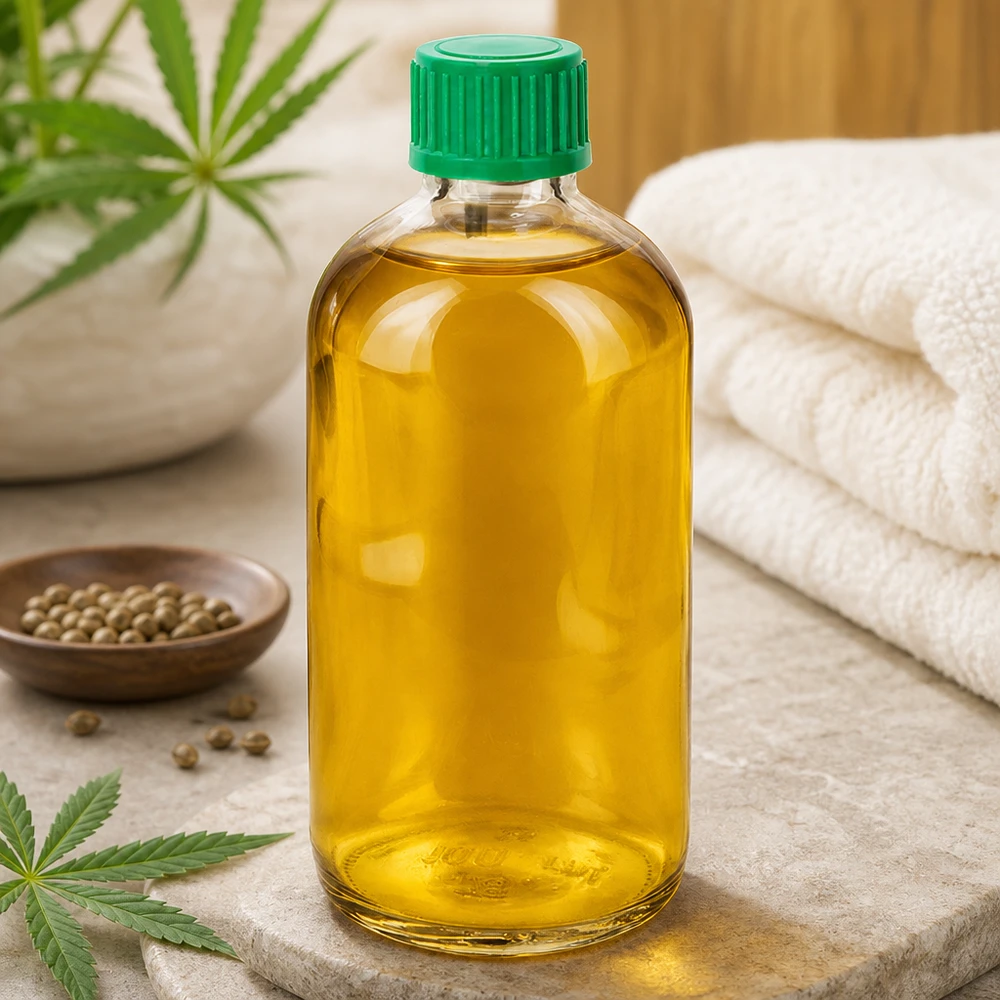 100ml Rundflasche ClearLine UT18 grüner Deckel neben Hanfpflanze und Handtüchern