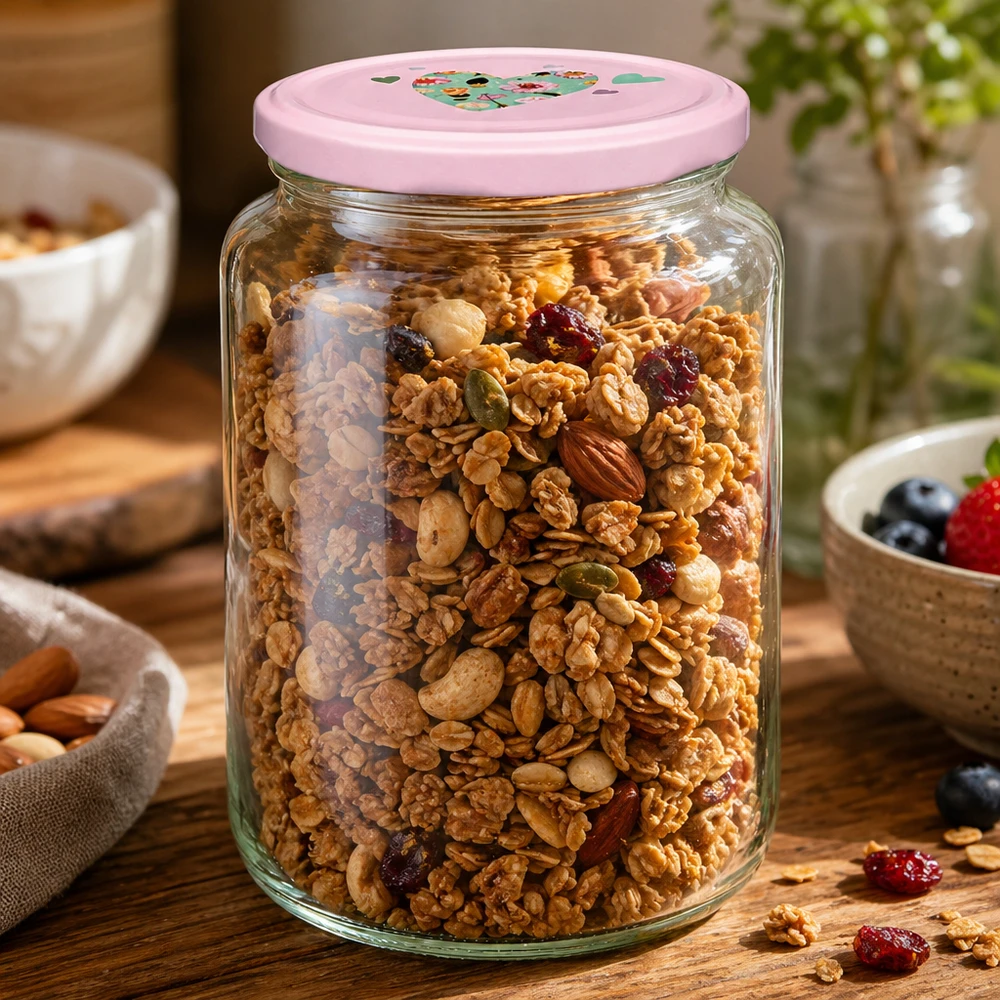 795ml kulatá sklenice + víčko BasicSeal srdíčková růžová UNiTWIST Rundglas 795ml mit rosa Herzdeckel gefüllt mit Müsli Nüssen und Trockenfrüchten als praktisches Vorratsglas für Küche