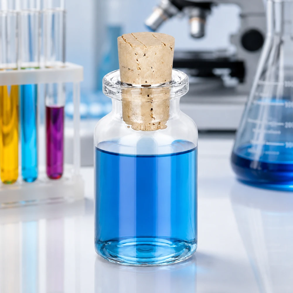 Láhev z bezbarvého skla 10ml se zátkou 11/14mm. Kompakte Klarglas-Probenflasche 10ml mit konischem Korken 11/14mm in professioneller Laborumgebung