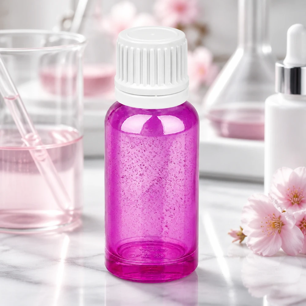 Elegante violette 20ml Tropfflasche mit präzisem weissem Dosieraufsatz für Beauty Anwendungen