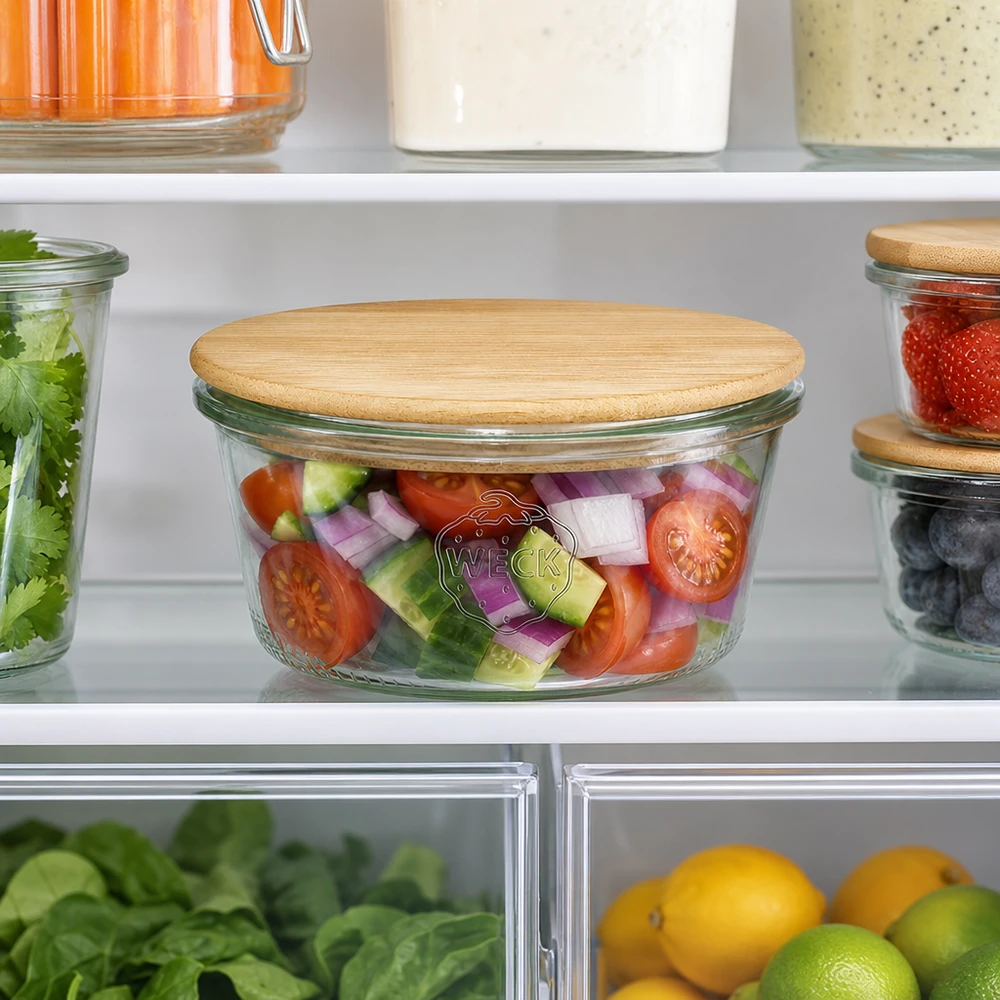 290ml nízké tumblerky WECK RR100 s dřevěným víčkem WECK Sturzglas 290ml RR100 mit Bambus-Holzdeckel im Kühlschrank, gefüllt mit frischem Salat, optimale Aufbewahrung
