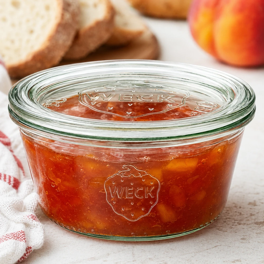 290ml nízká zavařovací sklenice WECK RR100 se skleněným víčkem - dřevěné víčko. WECK Glas 290ml RR100 mit Pfirsichmarmelade und Glasdeckel neben Brot und Obst in gemütlicher Küchenszene