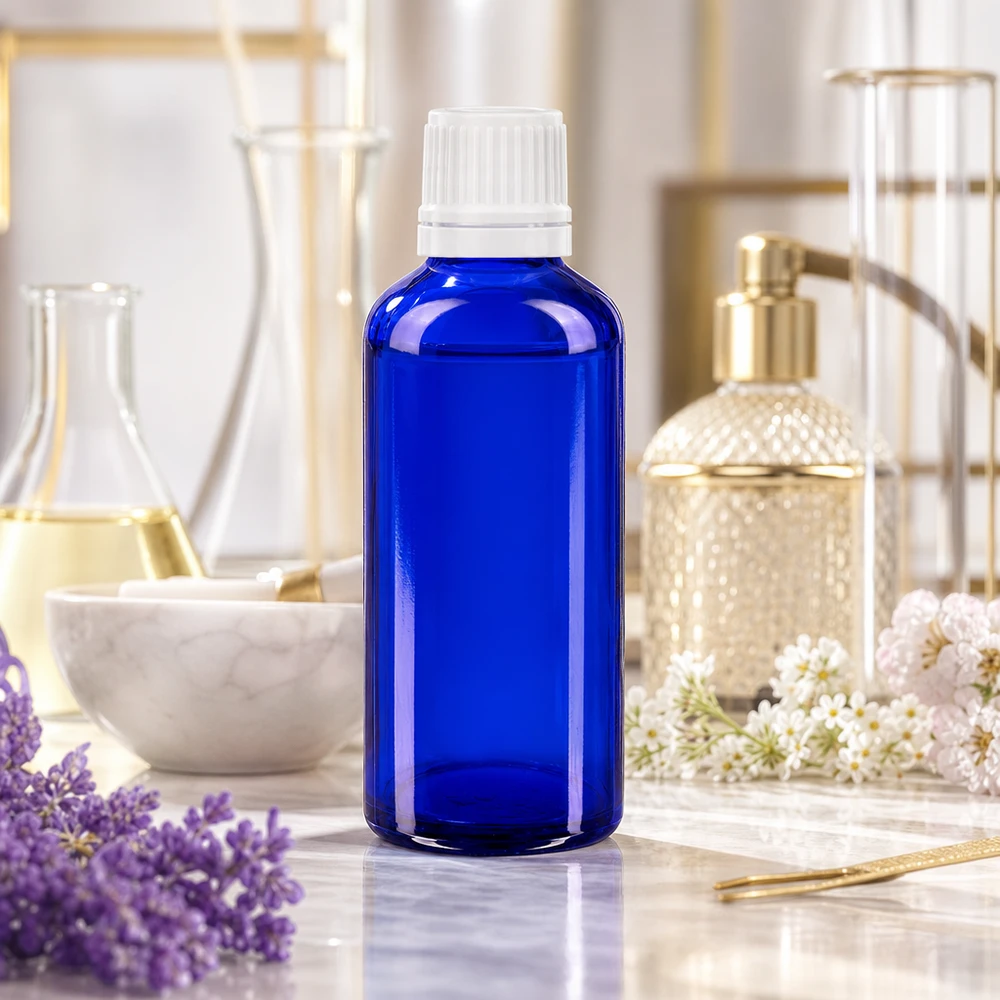 Lékárenská lahvička modrá 50ml kapátko uzávěr 1,2mm bílý uzávěr proti otevření. Blaue 50ml Pharmaglasflasche mit weißem Originalverschluss und 0,7mm Tropfeinsatz
