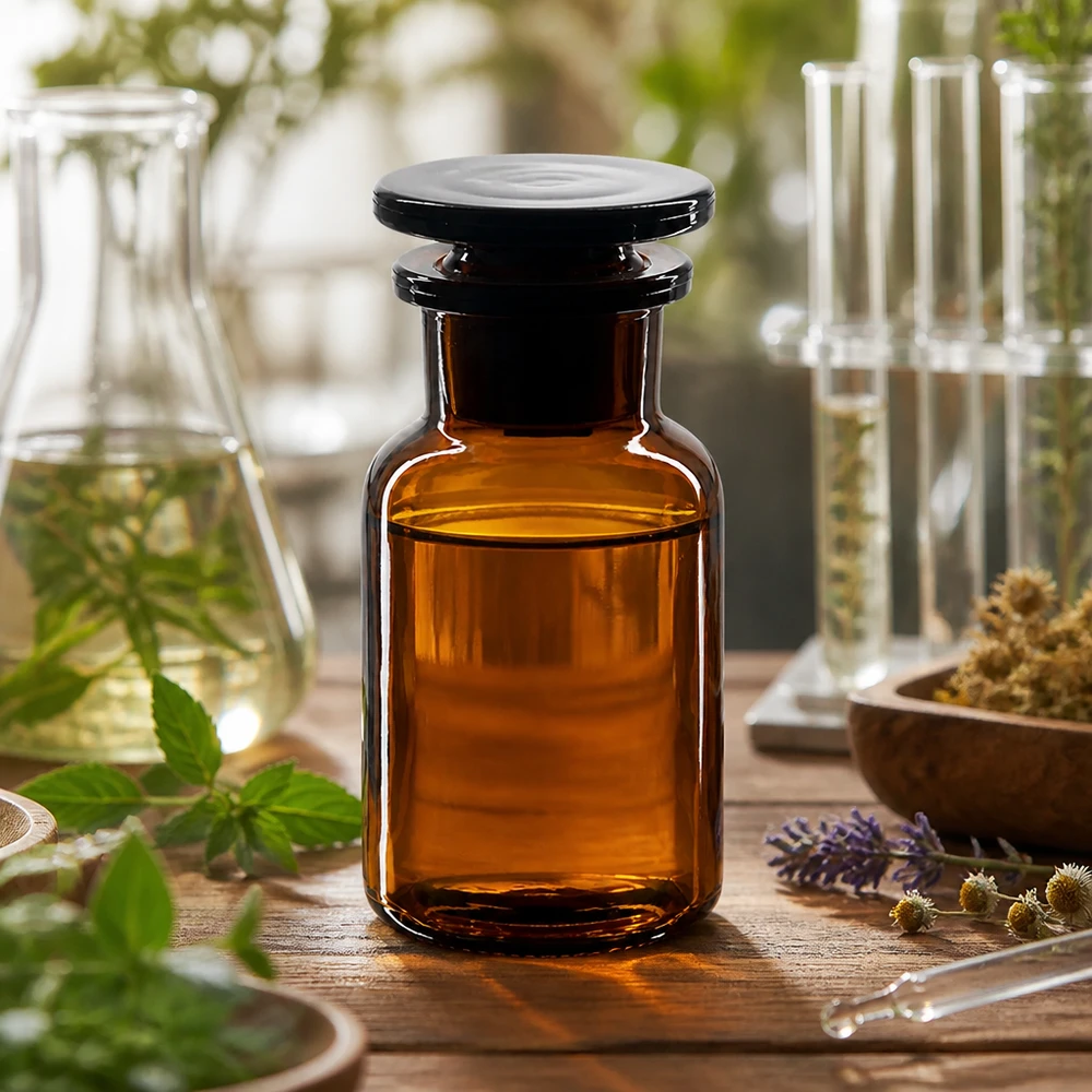 Láhev s kulatým ramenem 100ml hnědá se širokým hrdlem skleněná zátka Klassische Pharmaflasche 100ml braun Weithals mit Glasstopfen neben Laborgeräten