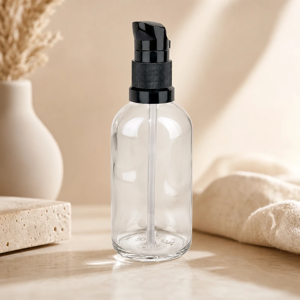 100ml láhev s pumpičkou černá standardní uzávěr ClearLine UT18/100 Klarglas Dosierflasche 100ml ClearLine schwarzer Pumpverschluss runder Flaschenkörper leer