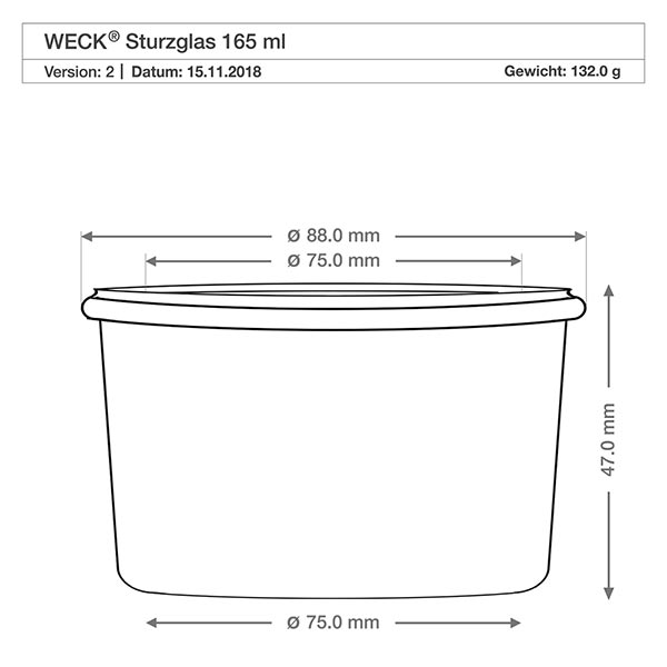 Sada 24 zavařovacích sklenic Weck o objemu 165 ml. Technische Maßzeichnung WECK Sturzglas 165ml RR80 mit Abmessungen Durchmesser 88mm Höhe 47mm Gewicht 132g