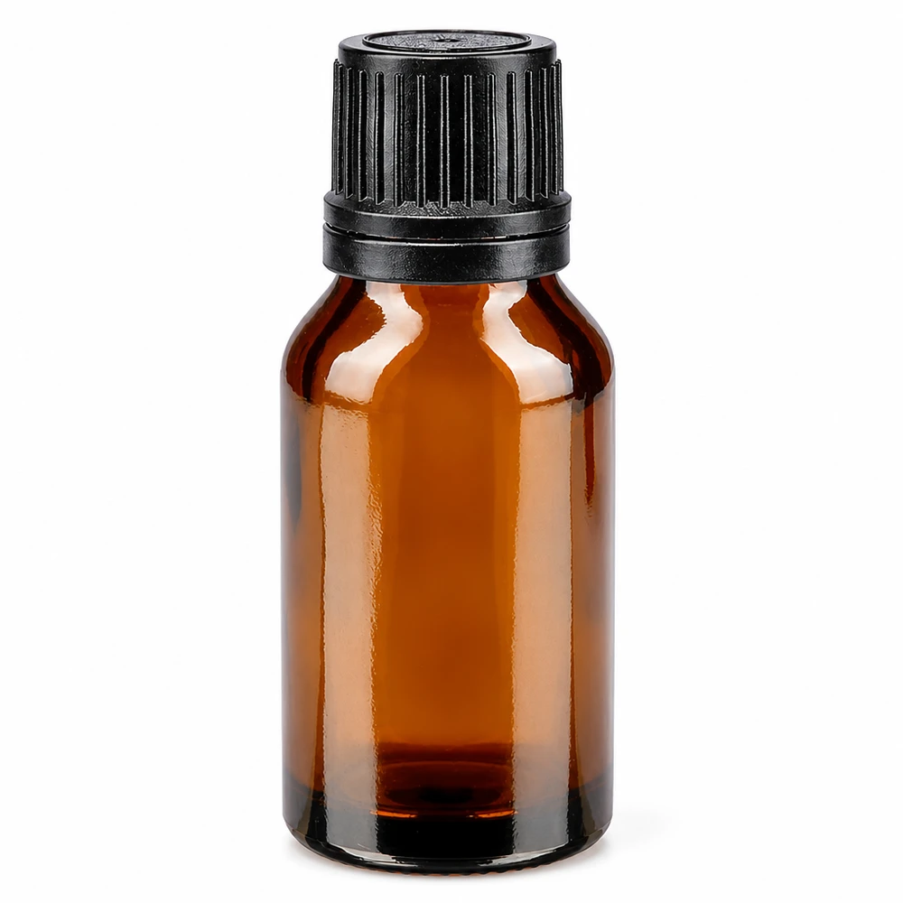 Lékárenská láhev hnědá 15ml kapací uzávěr nalévací kroužek 1mm černý uzávěr s pojistkou proti manipulaci. Braune Medizinflasche 15ml mit schwarzem Schraubverschluss und 1mm Tropföffnung