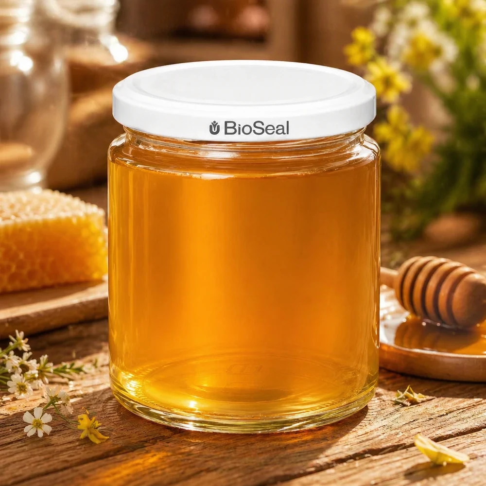 250ml Honigglas BioSeal UNiTWIST mit goldenem Honig gefüllt auf Holztisch mit Bienenwaben und Honigstab