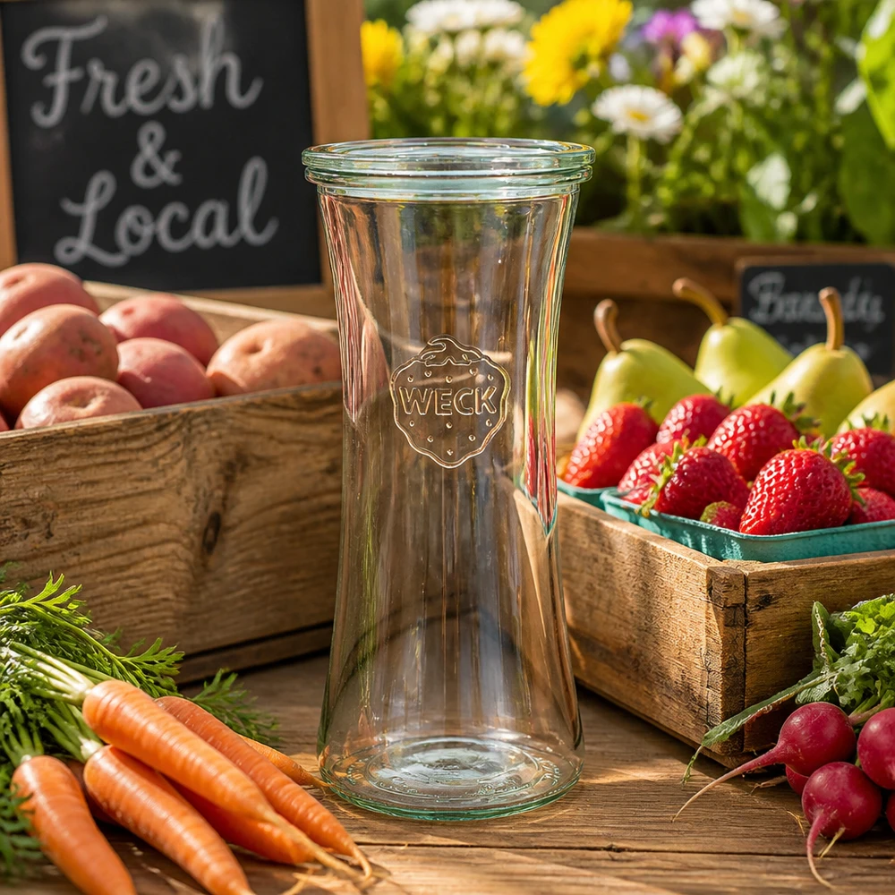 700ml lahůdková sklenice se skleněným víčkem WECK RR80 WECK Delikatessenglas 700ml RR80 zwischen frischem Obst und Gemüse auf rustikalem Holztisch - Einmachglas für lokale Pro