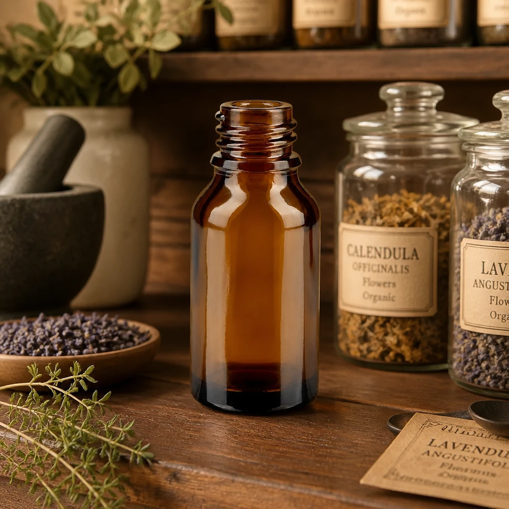 15ml braune Apothekenflasche ApoGlas in authentischer Kräuterapotheke mit Calendula Lavendel und Heilpflanzen Gläsern