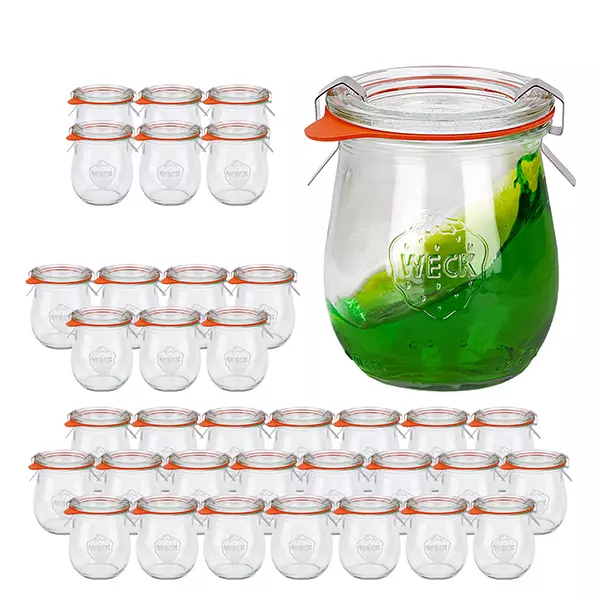 Sada 36 sklenic Weck o objemu 220 ml s tulipány a 36 skleněnými víčky, Sada 36 sklenic Weck o objemu 220 ml s tulipány a 36 skleněnými víčky,