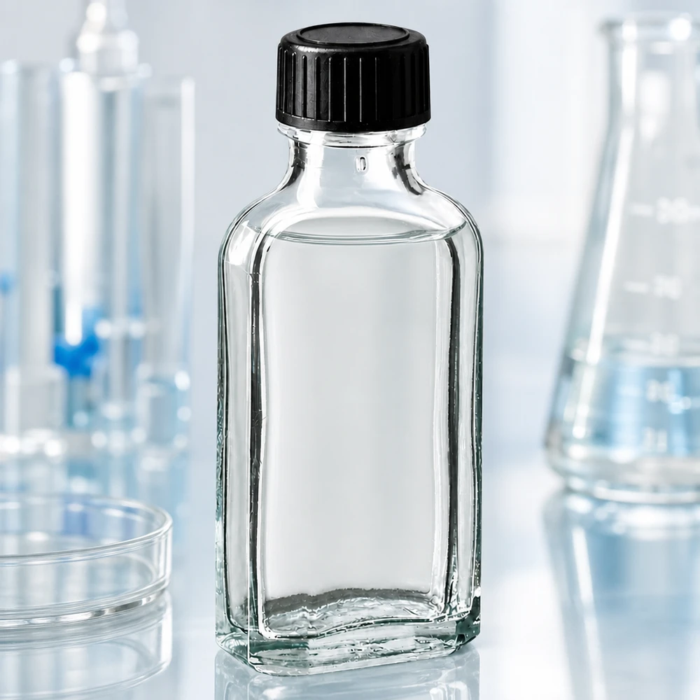 Klarglas Meplat Flasche 50 ml mit gerilltem Schraubverschluss für pharmazeutische Anwendungen