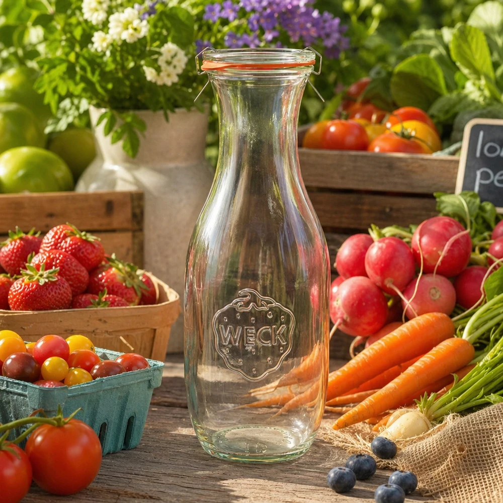 1062ml láhev na šťávu kompletní WECK RR60 WECK Saftflasche 1062ml RR60 leer zwischen frischem Gemüse Obst auf Holztisch Farmers Market Ambiente natürlich